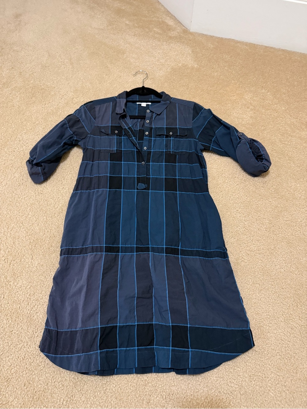 Burberry Navy and Black Plaid Long Sleeve Shirt Dress